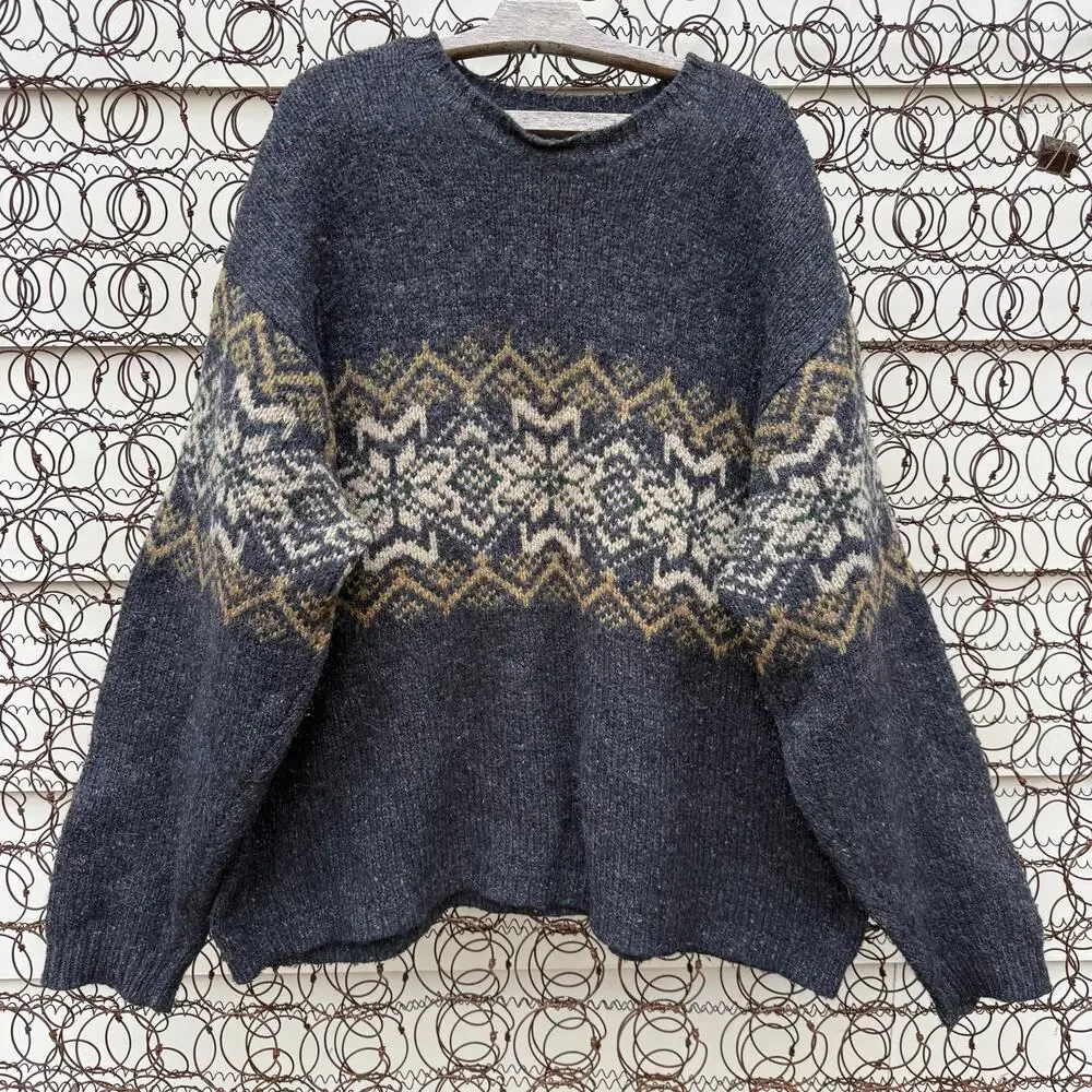 Vintage Y2K Northern Apparel XXL Lambswool Gray Brown Fair Isle Knit Sweater